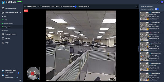 The live view of the analysis task after region dewarp.