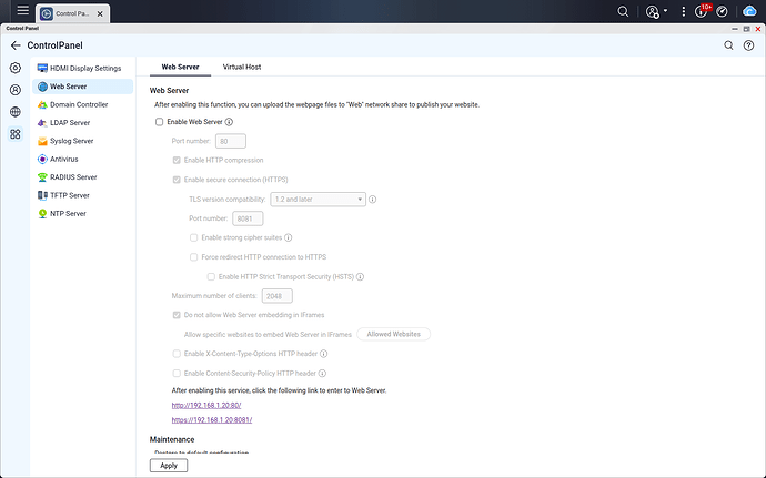Enable Web Server cleared in QTS