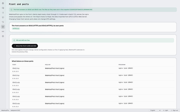 WebHostPro's front server back on ports 9542 and 9543
