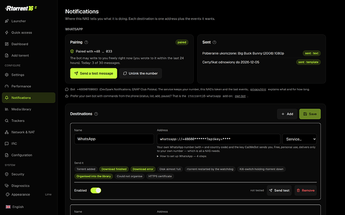 Notification destinations