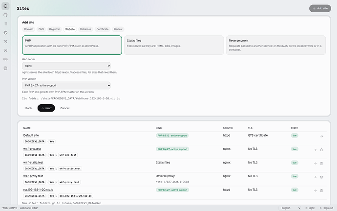 The Website step with PHP 8.4 and nginx for Heimdall