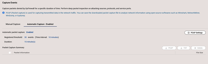 QuFirewall Automatic Capture settings