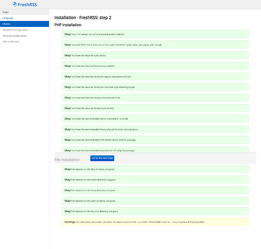FreshRSS installer checking the requirements