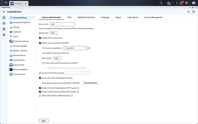 QTS administration HTTPS port changed to 8443