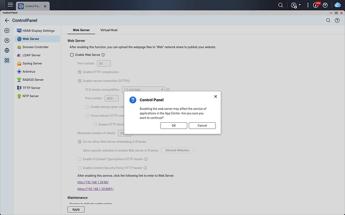 QTS warning before disabling its Web Server