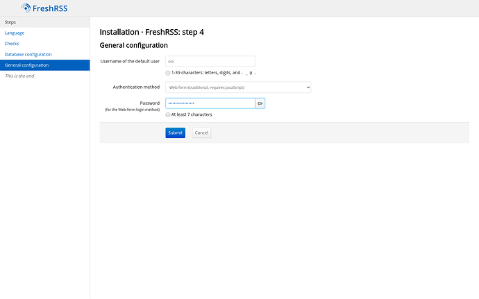 Creating the first FreshRSS user