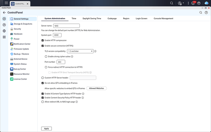 QTS administration settings with HTTPS on port 443