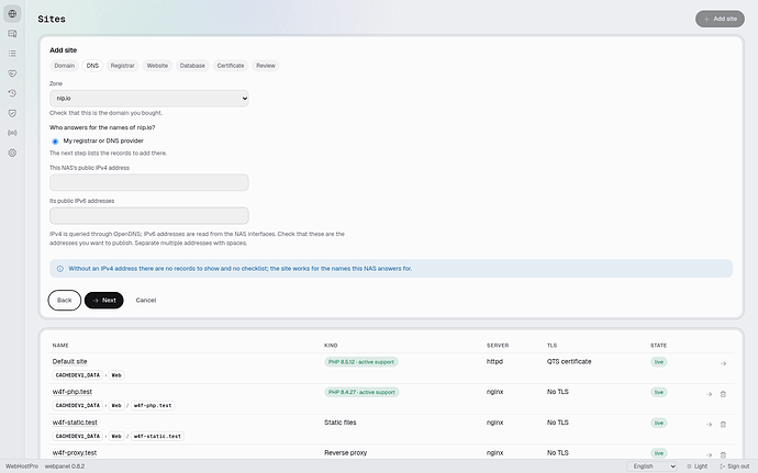 The DNS step with both IPv4 and IPv6 address fields cleared