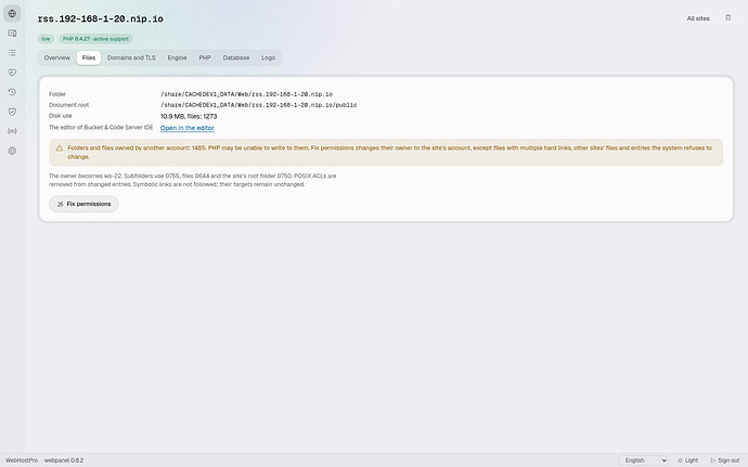 The Files tab for the FreshRSS site