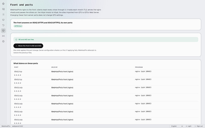 WebHostPro reporting that ports 80 and 443 are free