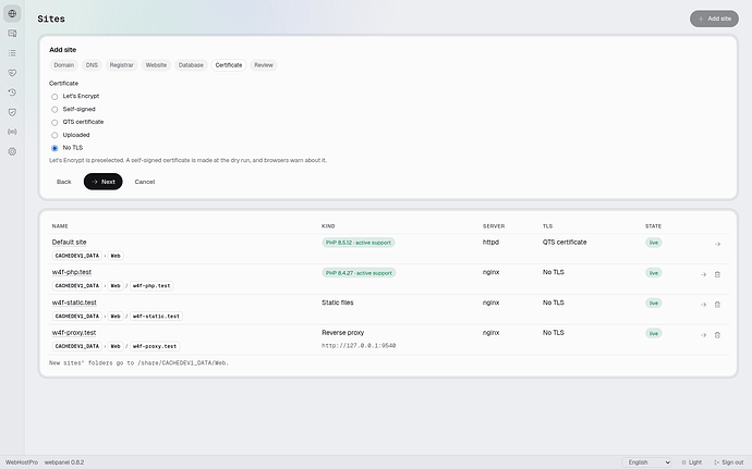 The Certificate step with No TLS selected