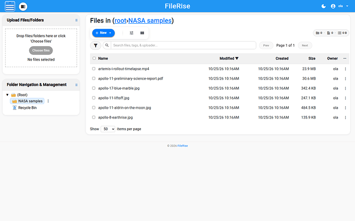 A FileRise folder in list view