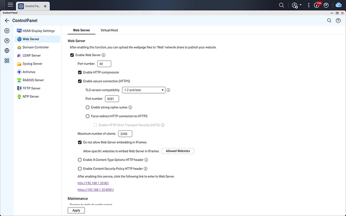 QTS Web Server enabled in Control Panel