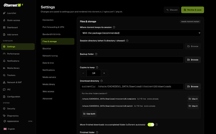 Settings — files and storage