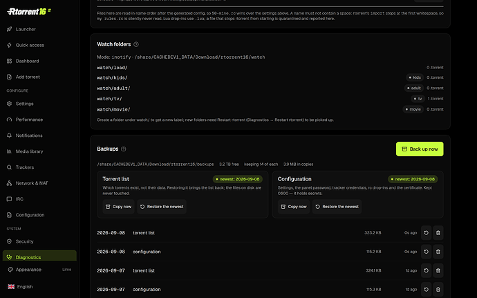 Backups on the Diagnostics page