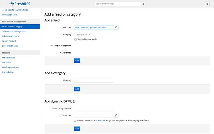 Adding an RSS feed in FreshRSS