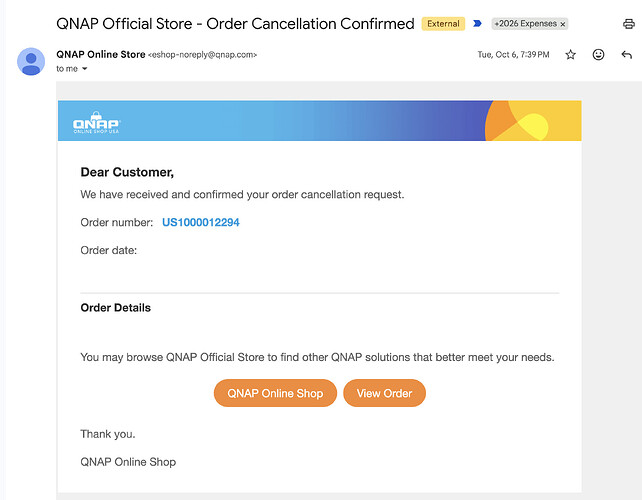 QNAP order cancellation