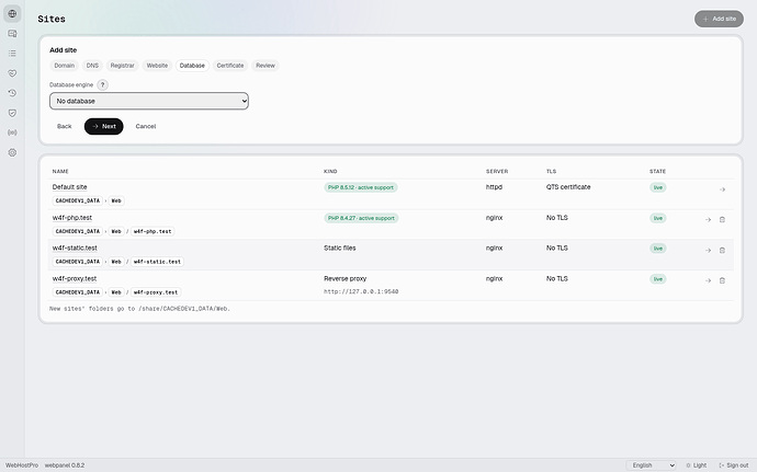 The Database step with No database selected