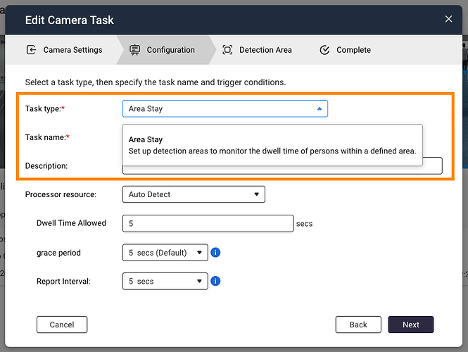 Set up an Area Stay task to monitor the dwell time of persons within a defined area.