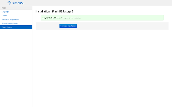 The final screen of the FreshRSS installer