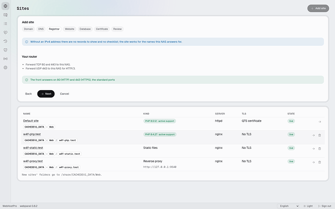 The Registrar step of the site wizard